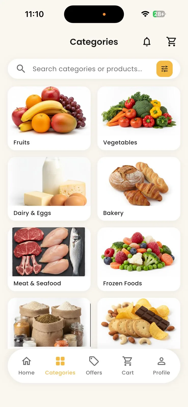 The Happy B-Town app categories screen, showing Fruits, Vegetables, Dairy & Eggs, Bakery, Meat & Seafood and Frozen Foods as photo tiles