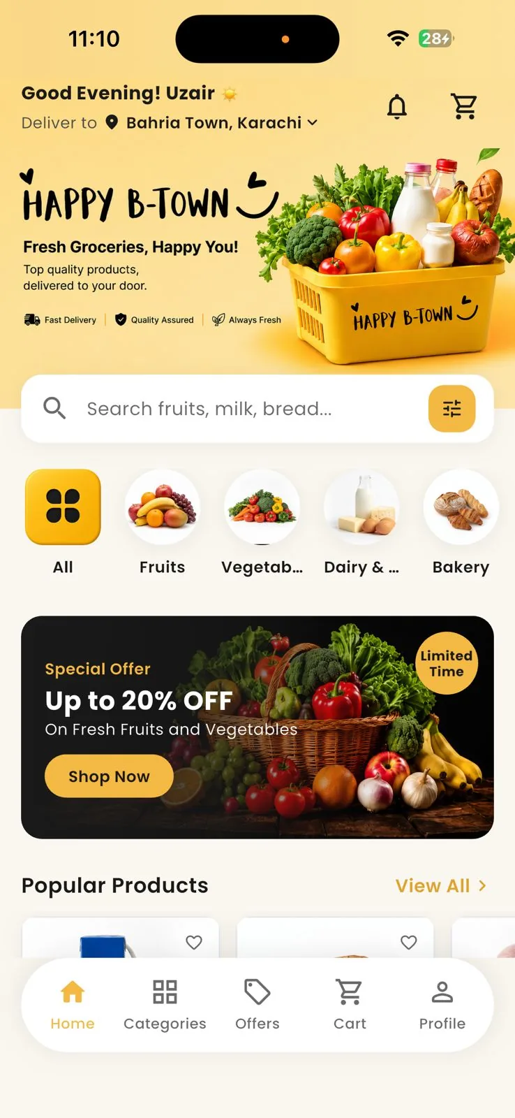 The Happy B-Town app home screen, showing the greeting and delivery address, the search bar, the category row and a 20% off banner