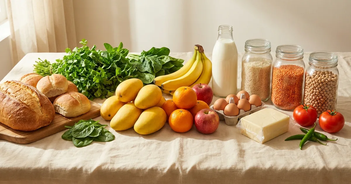 A full order laid out — bread, greens, fruit, dairy and pantry jars