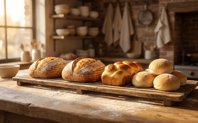 Fresh loaves cooling on a bakery rack
