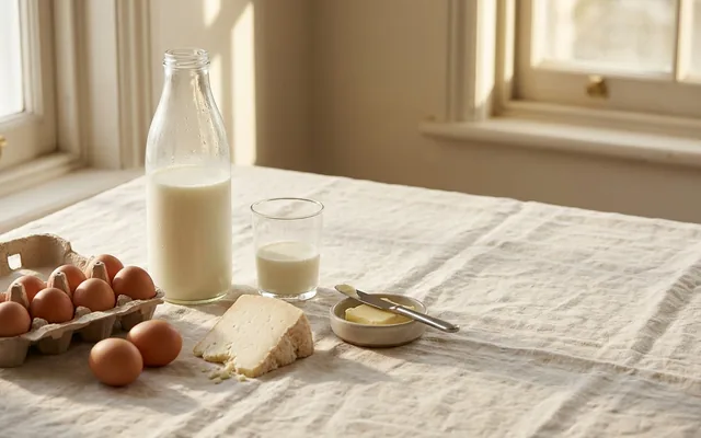 A bottle and glass of milk beside a tray of brown eggs, a wedge of cheese and a dish of butter