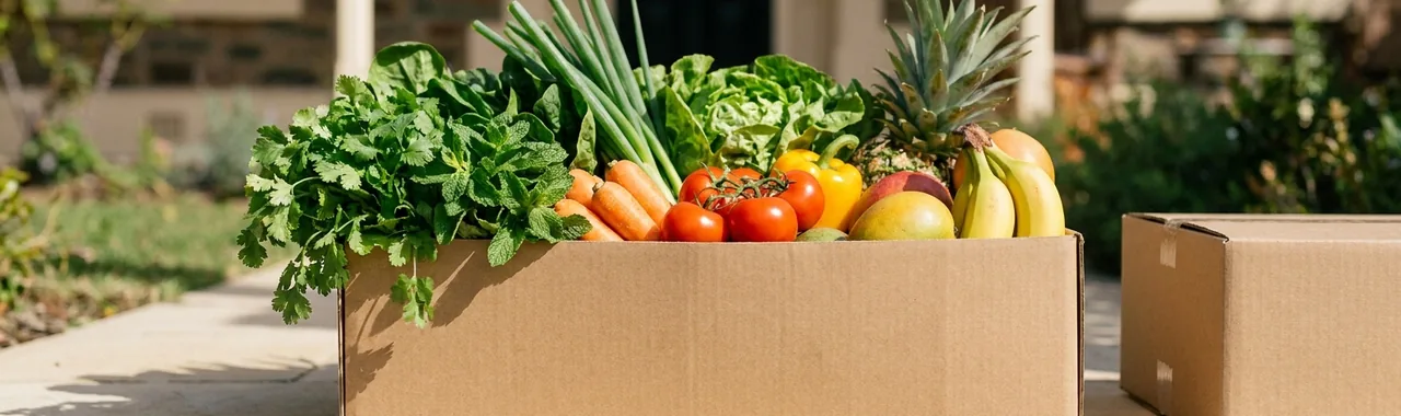 A grocery box packed with herbs, salad, vegetables and a pineapple