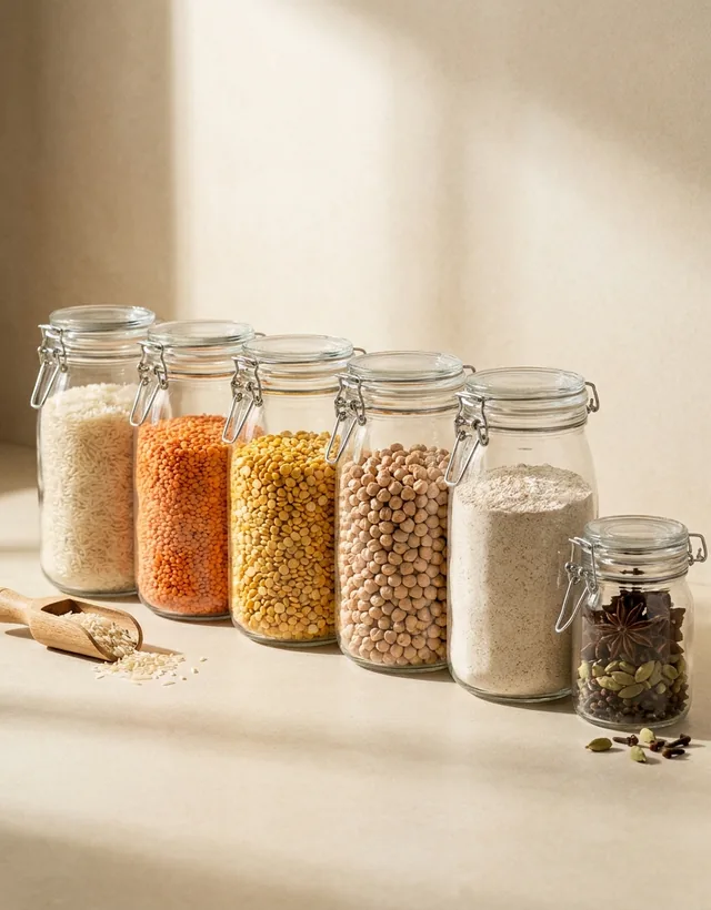 Rice, red lentils, chana daal, chickpeas and atta in clear kitchen jars